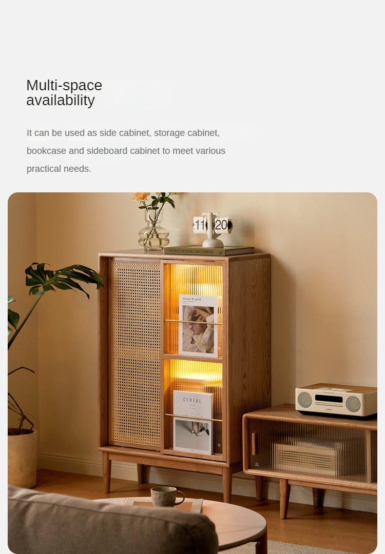 Oak Solid Wood Sliding Door Storage LED lights, Side Cabinet