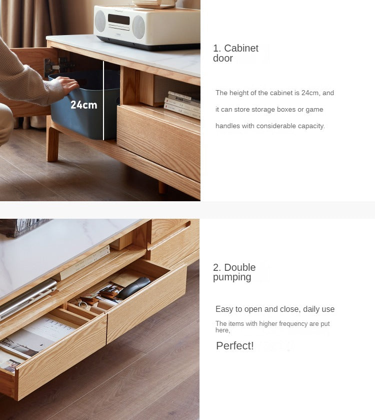 Solid Rubberwood, Oak Solid Wood TV Stand Slate Top.