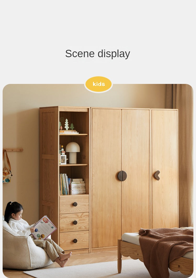 Oak Solid Wood Children's Wardrobe, Bookcase Combination