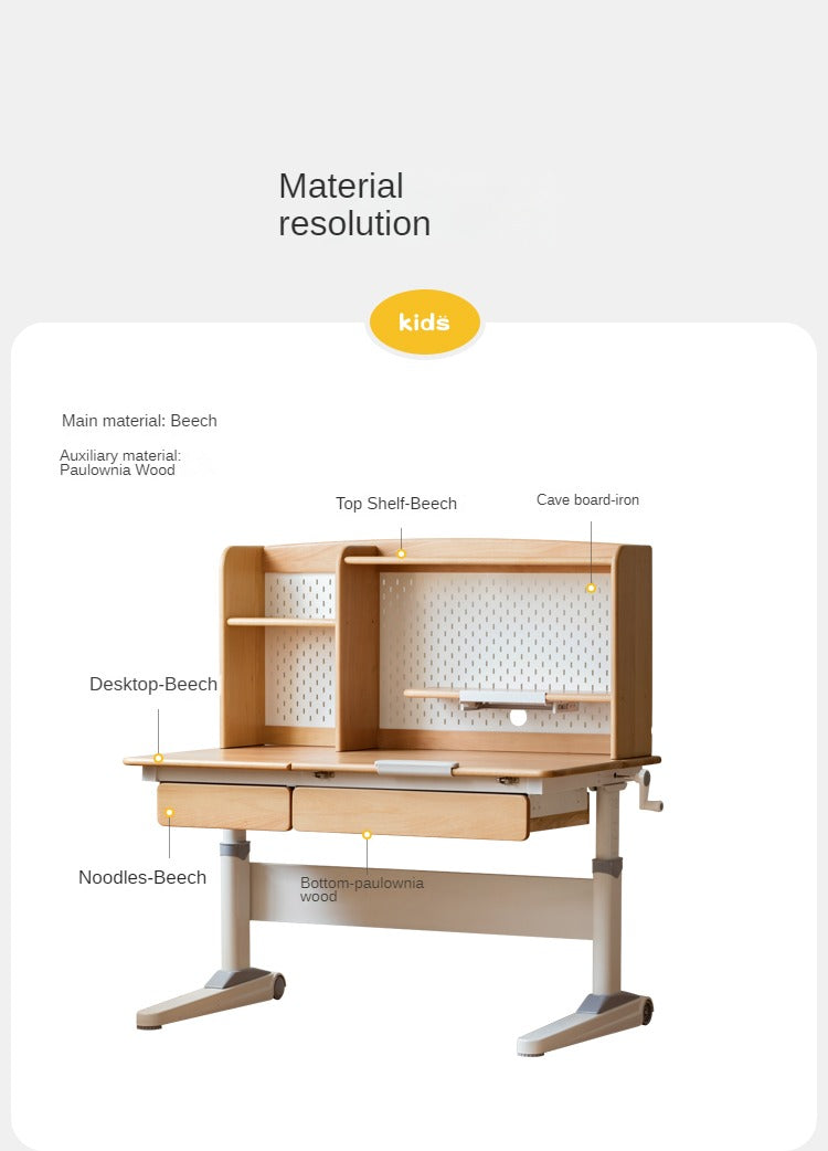 Beech Solid Wood Kids Raised and Lowered Study Table
