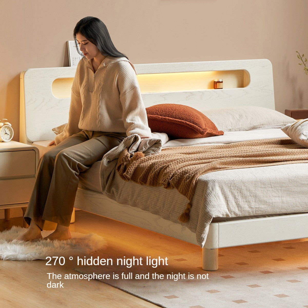 Oak Solid Wood Bed Cream Suspension Bed Luminous
