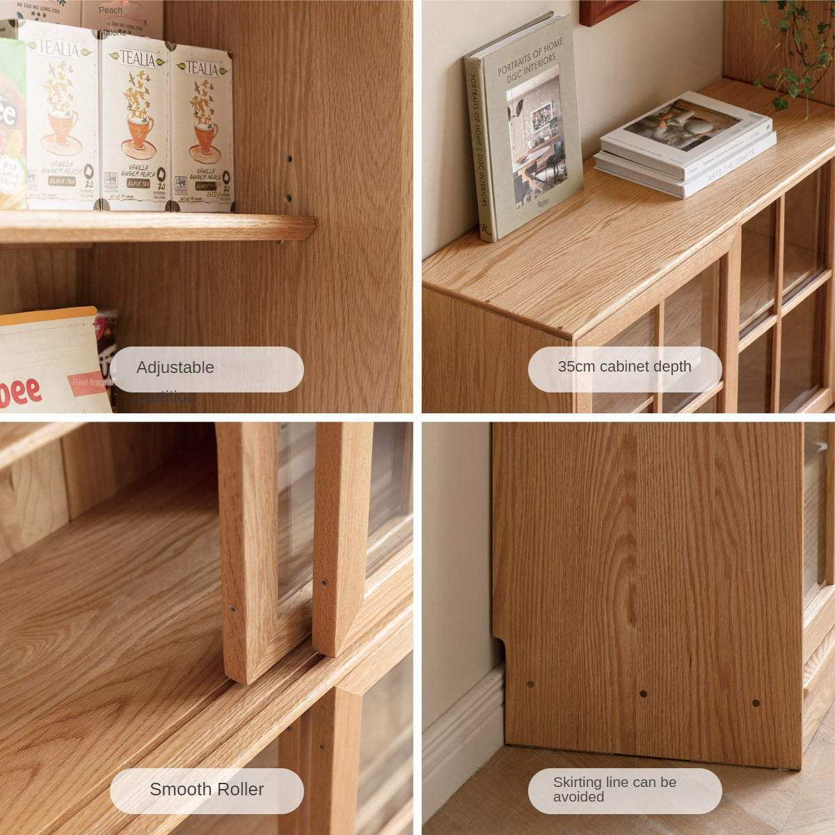 Oak Solid Wood Bookcase Floor to Floor Free Combination Sliding Door