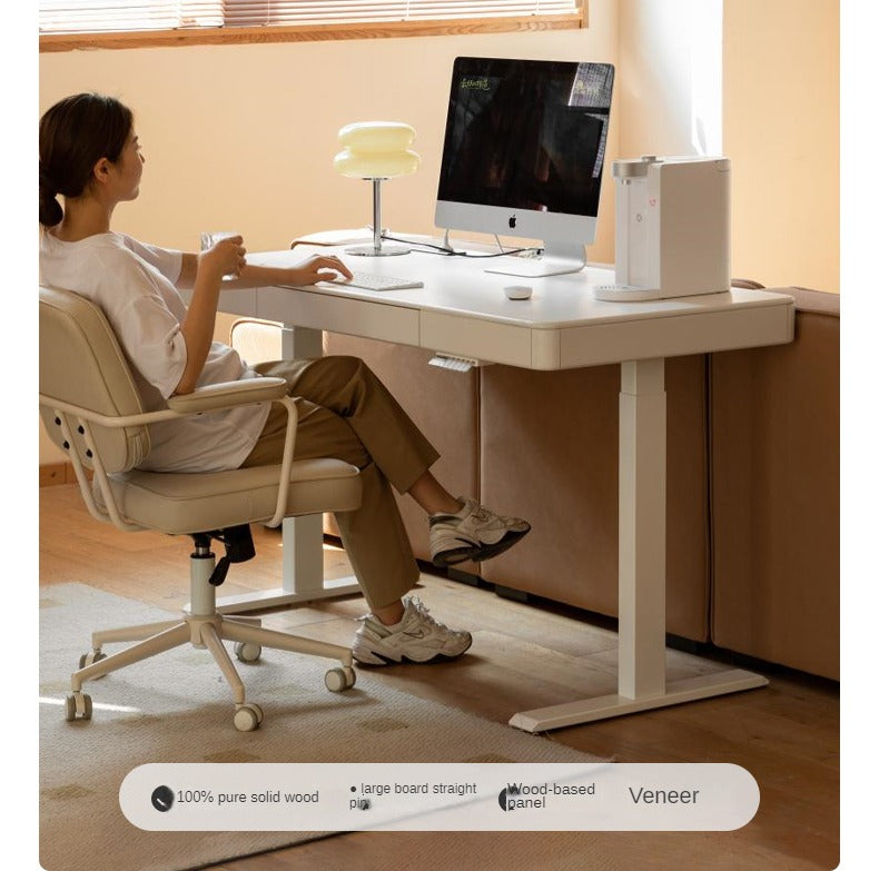 Solid Rubberwood Smart Electric Lift Desk Cream Style