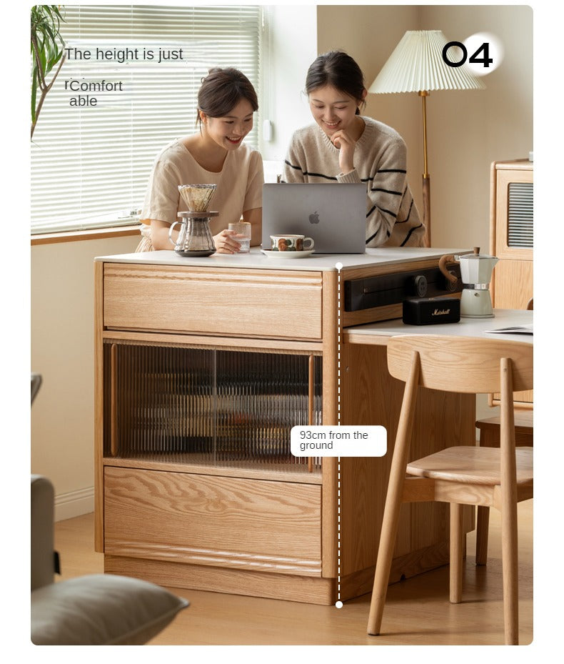 Oak Solid Wood Island + Table Integrated Retractable Rock Board