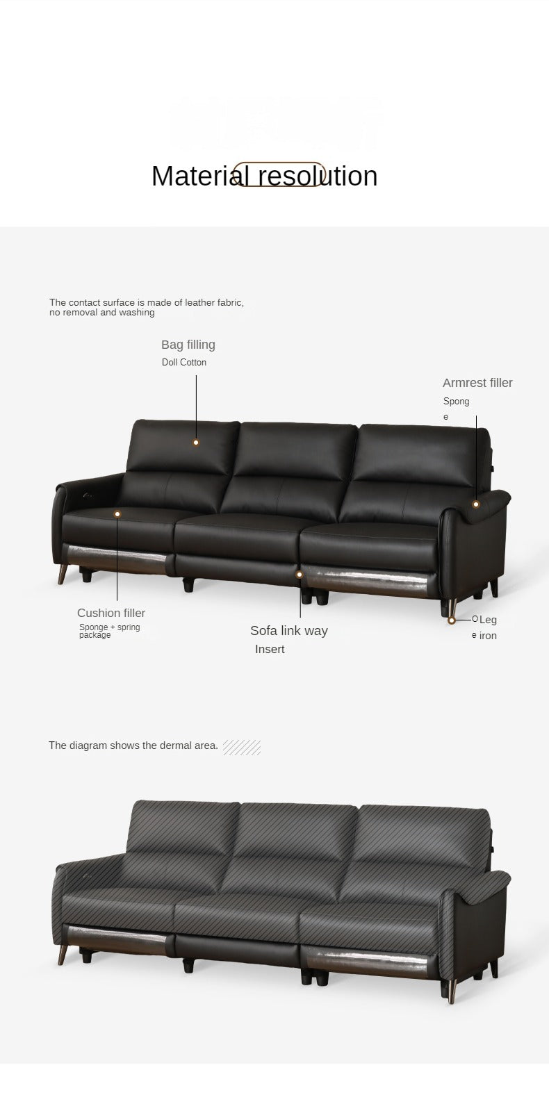Leather Top Layer Yellow Cowhide Black Multifunctional Electric Sofa,