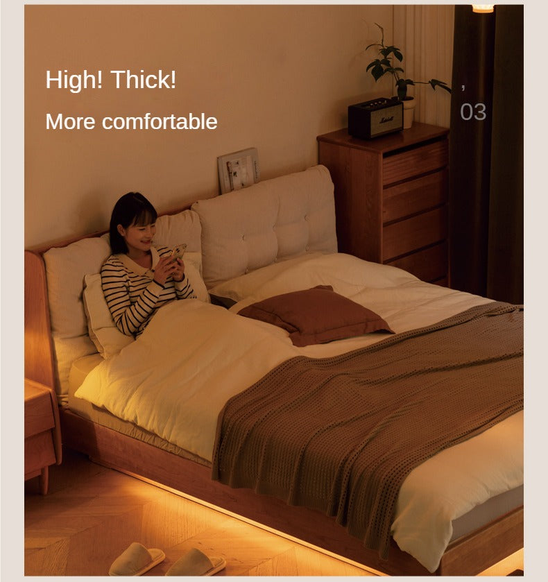 Cherry Solid Wood Box Bed Top Genuine Leather, Corduroy Suspended Bed