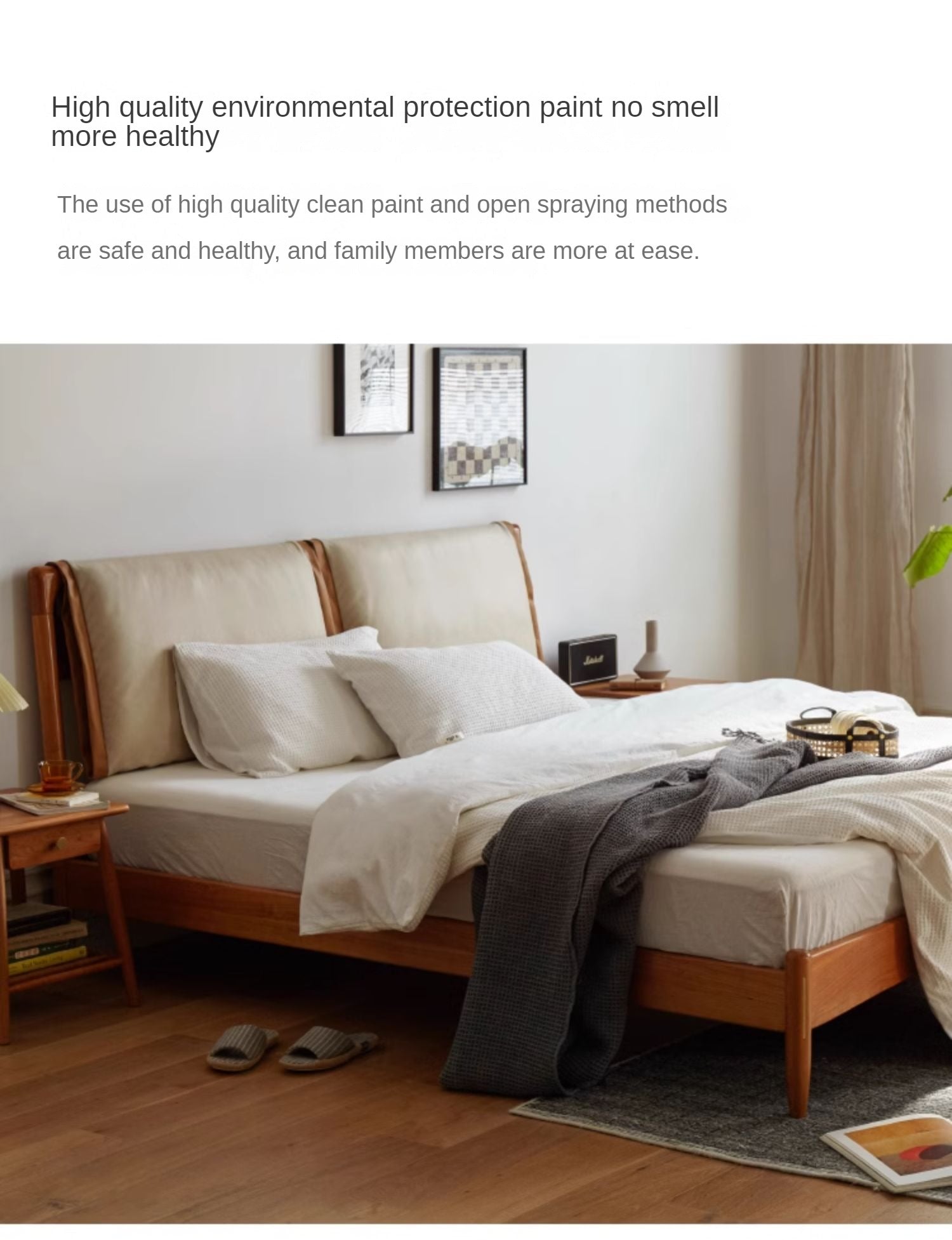 Cherry solid wood technology cloth soft back bed retro style