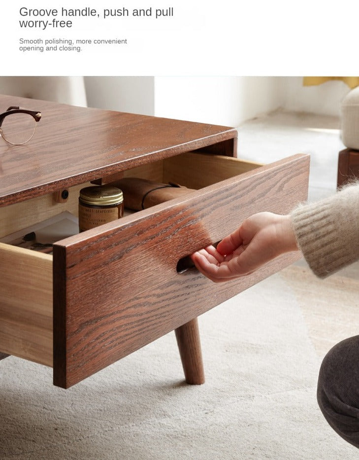 Oak, Solid Rubberwood Two-Drawer Coffee Table Walnut Color