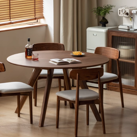 Black Walnut Solid Wood Retro Round Dining Table.