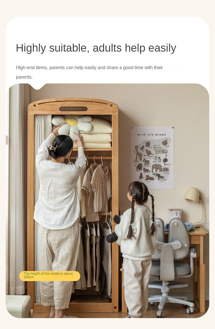 Oak Solid Wood, Solid Rubberwood Kids's Simple Wardrobe