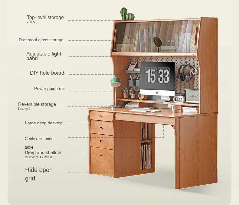 Cherry Wood Desk and Bookshelf Integrated Office Desk