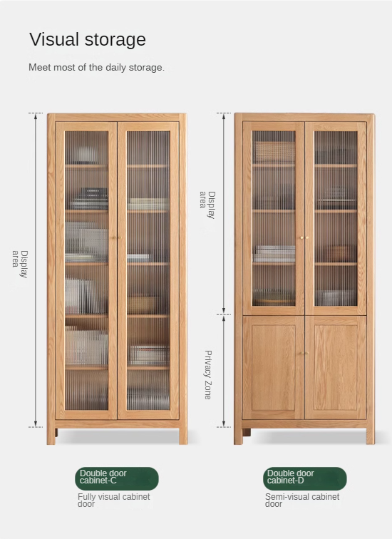 Oak Solid Wood Bookcase With Glass Door.