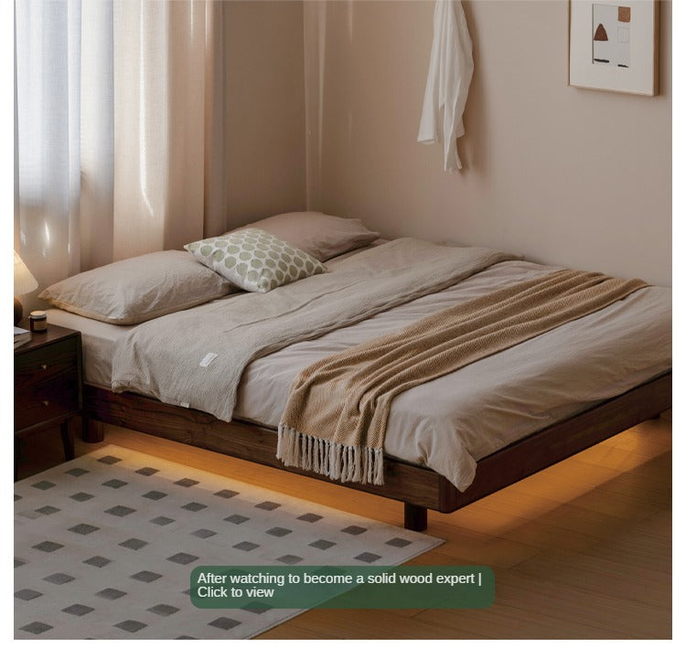 Black walnut solid wood platform bed, headboard-free suspended bed