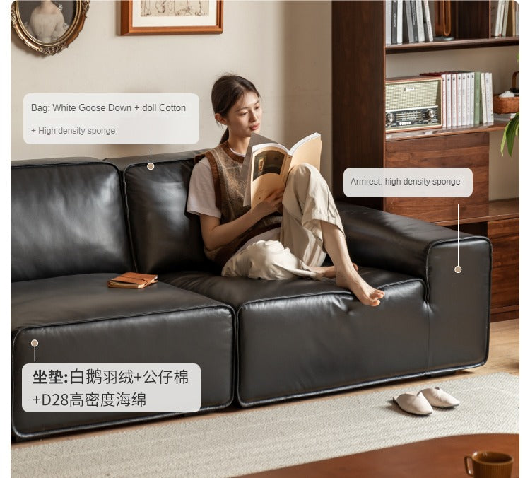 Top-grain Cowhide Leather Black Sofa.