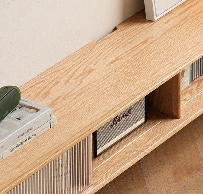 Oak, Rubber Solid wood TV Stand Glass Sliding Door