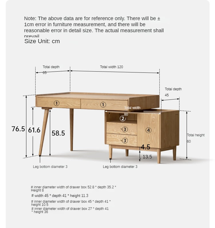 Ash Solid Wood Retractable Desk with Cabinet, Home Office