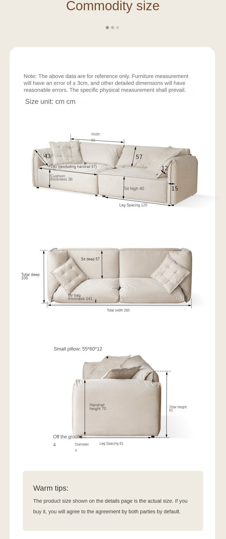Fabric Modern Tofu Block Elephant Ear Down Sofa.