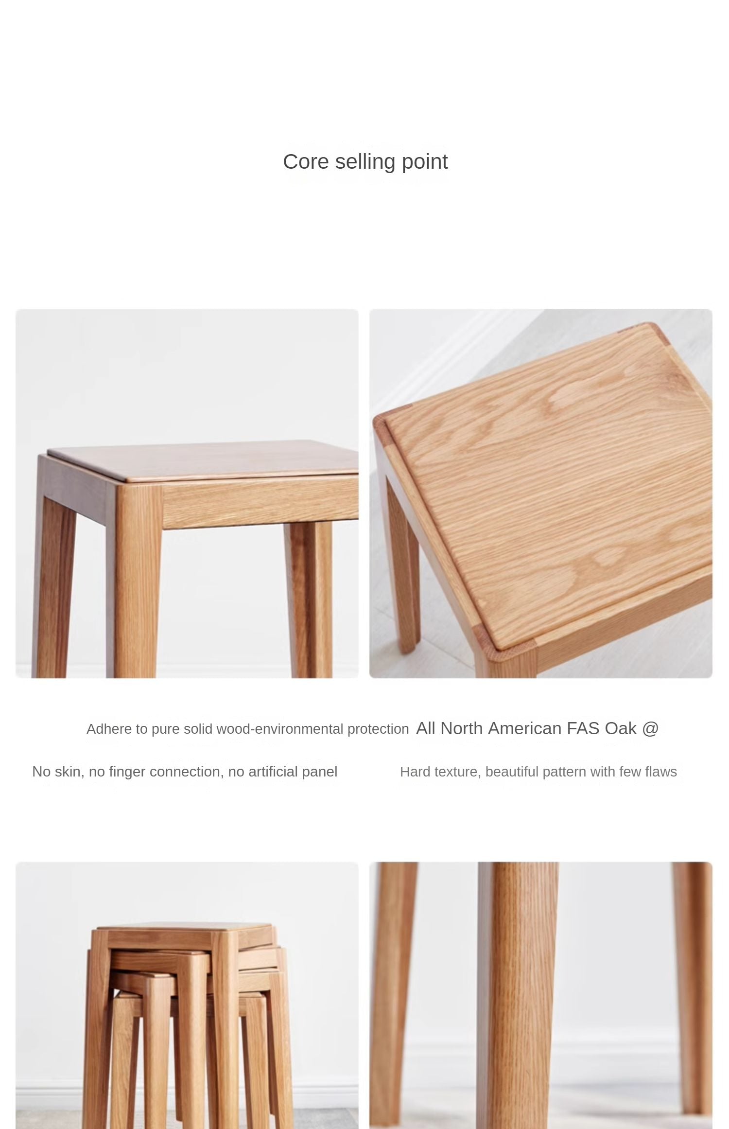 2pcs - Beech, Oak, Ash, Cherry Solid Wood, Solid RubberWood Foldable Nordic Square Stool