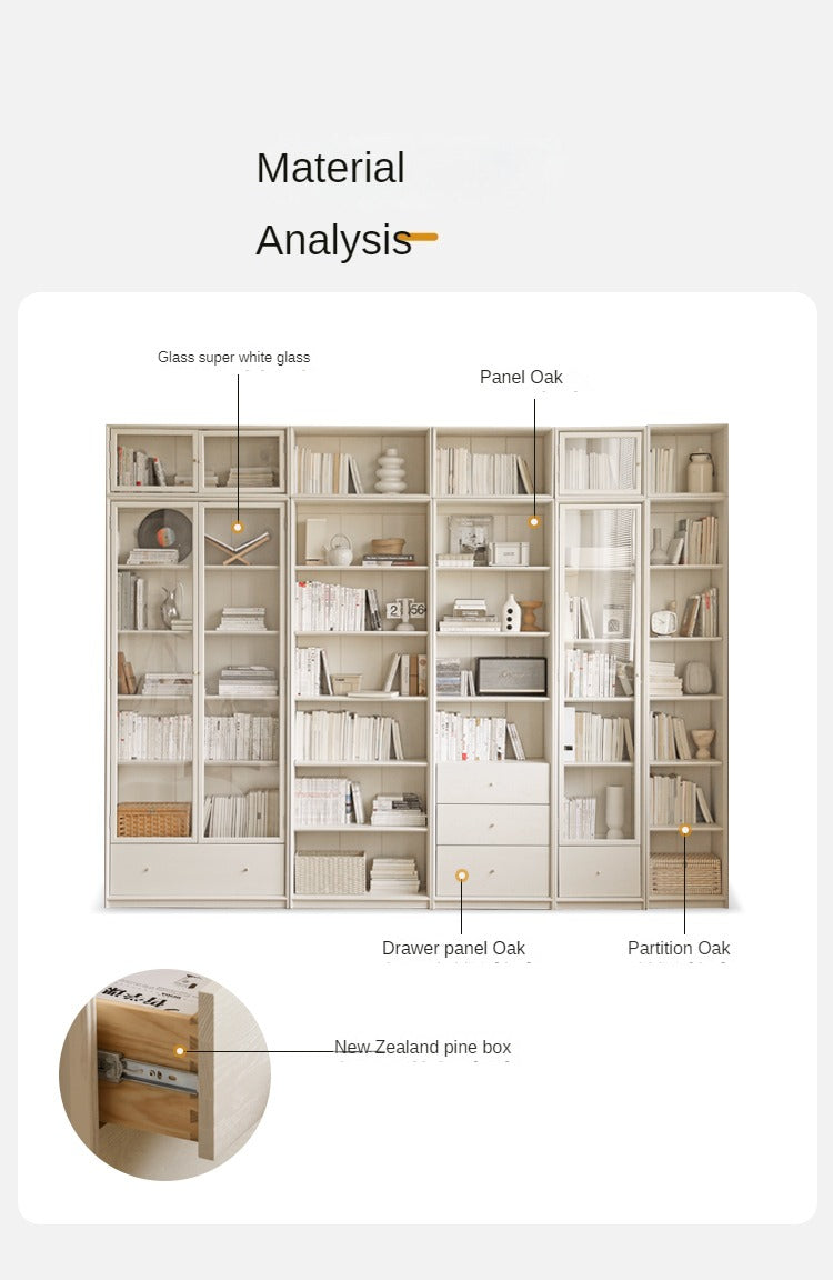 Oak Solid Wood Combination Bookcase Glass Door Floor-to-ceiling Bookshelf