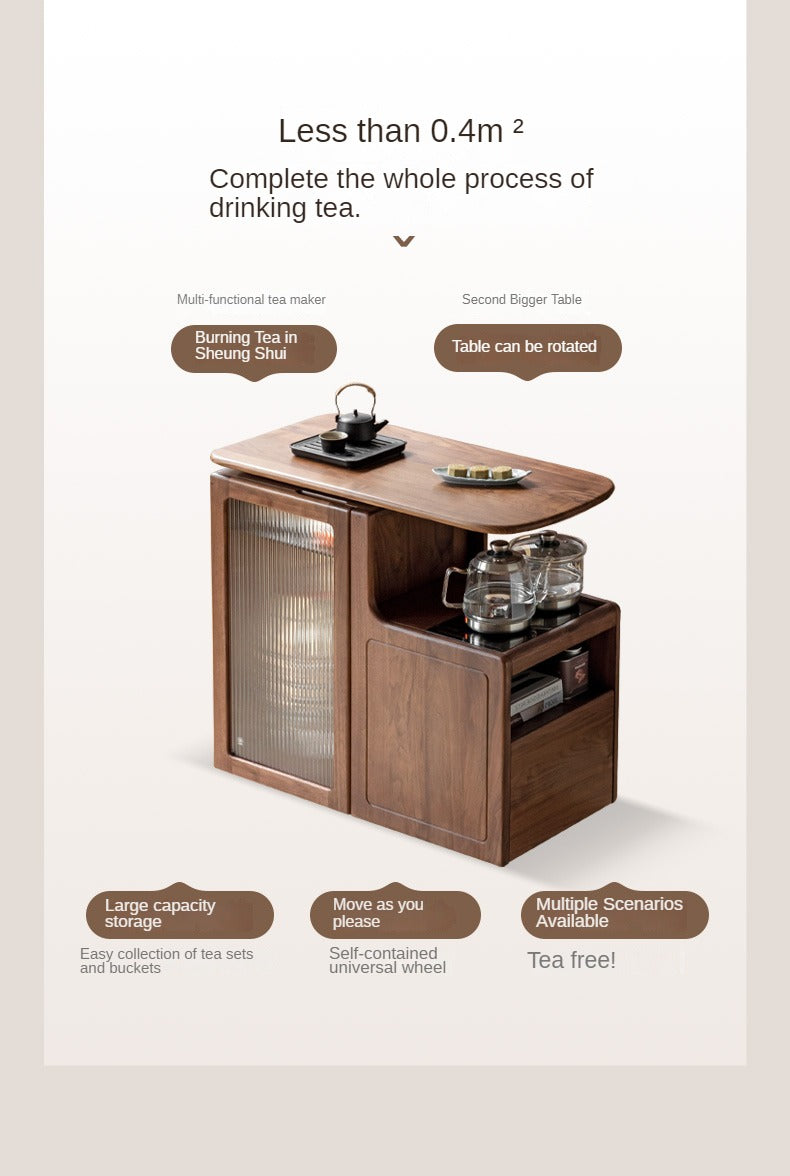 Black Walnut, Oak Solid Wood Movable Tea Cabinet With Tea Maker