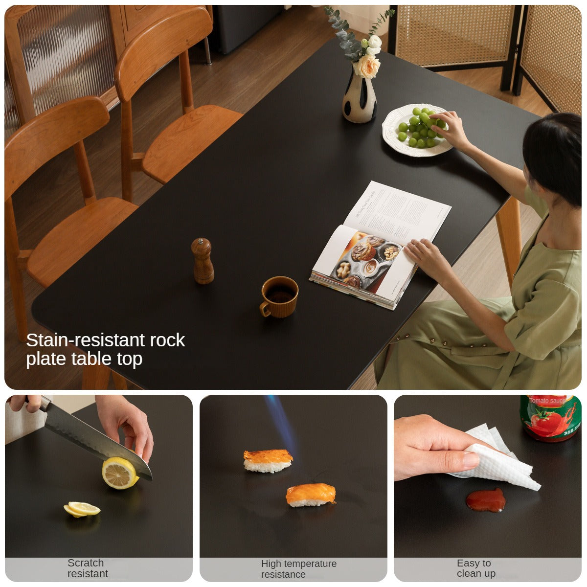 Cherry Solid Wood Retro Rock Plate Long Dining Table.