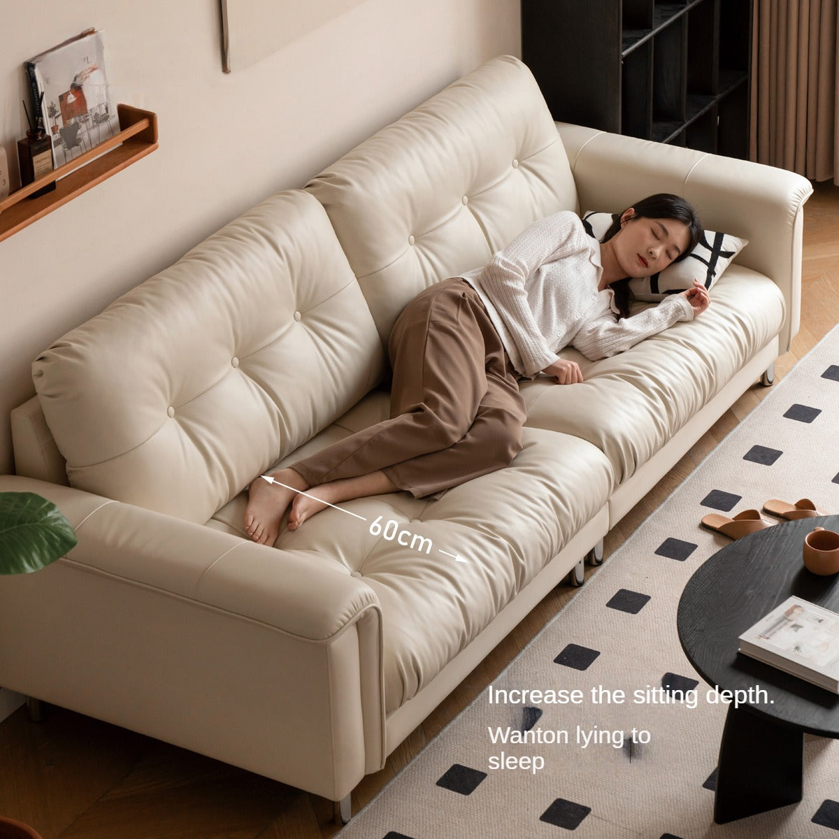 Leather Straight Italian Style Light Luxury Sofa,