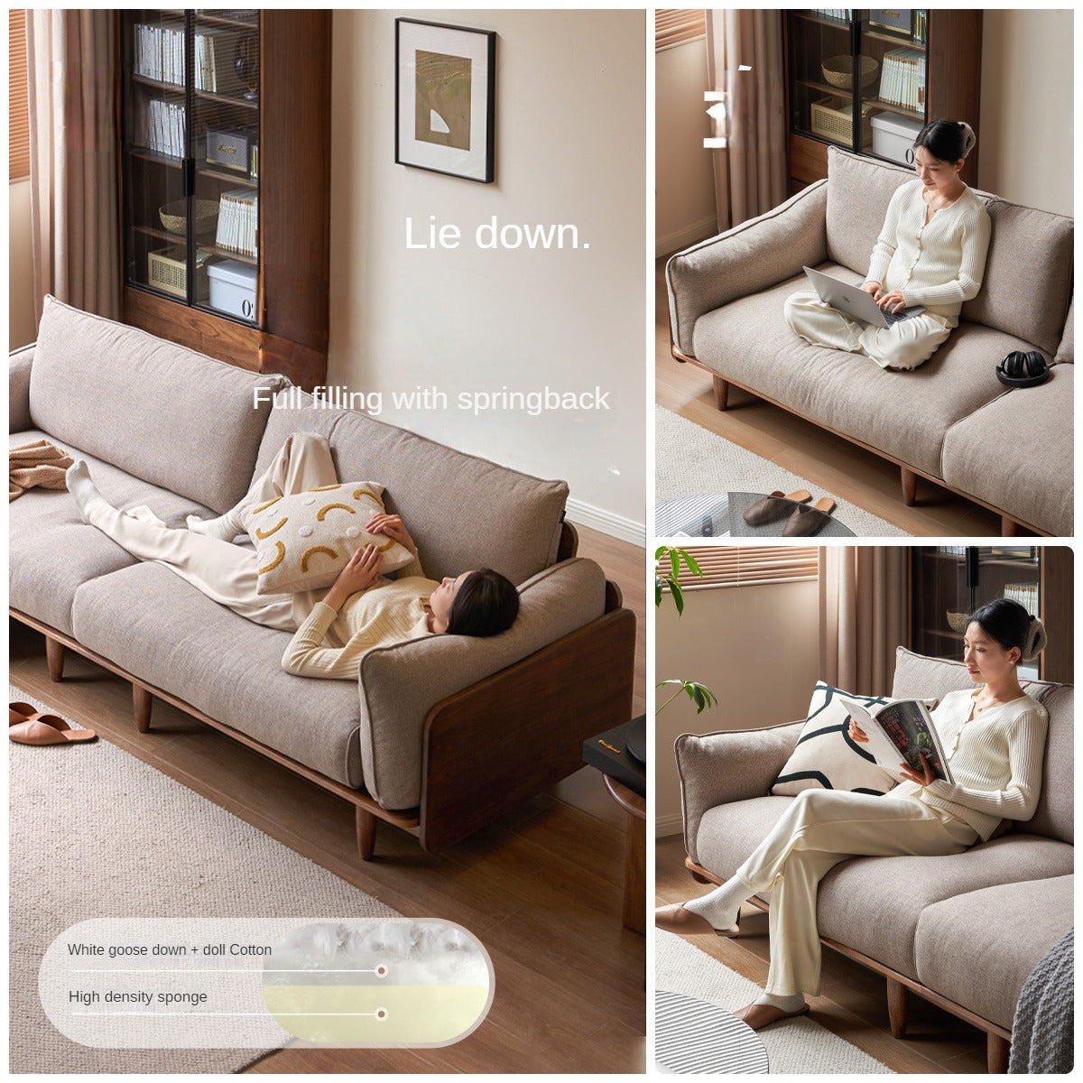 Oak Solid Wood Leather, Fabric Straight Sofa.