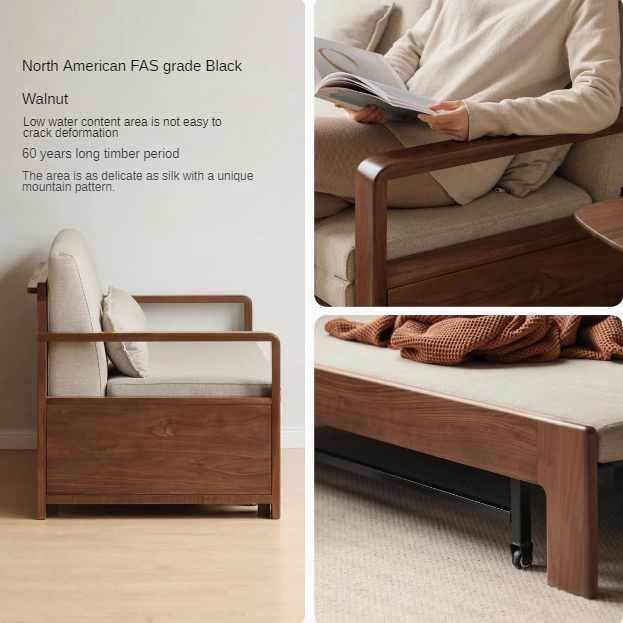 Black Walnut, Solid Sandalwood Folding Sofa Bed.