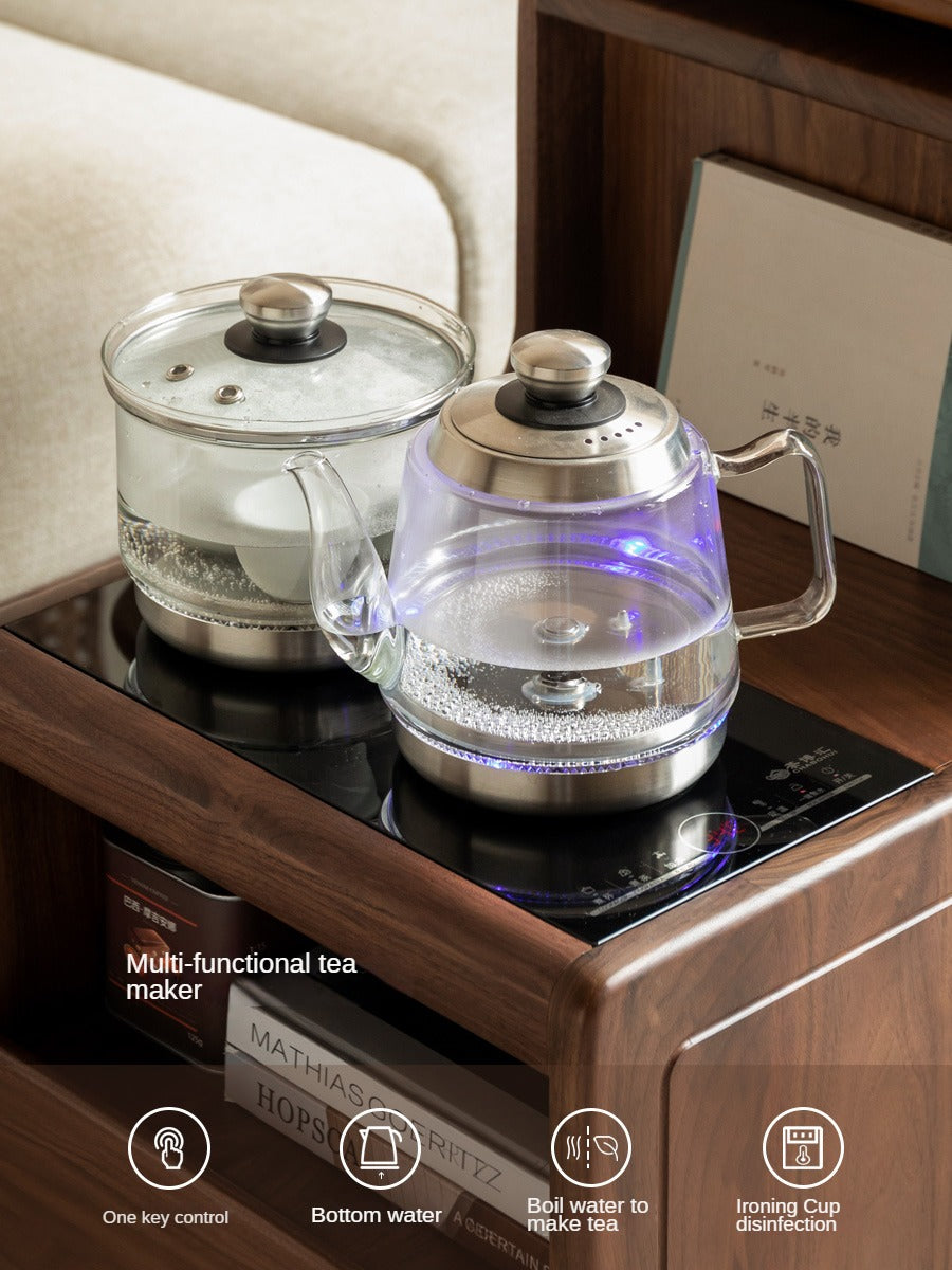Black Walnut, Oak Solid Wood Movable Tea Cabinet With Tea Maker