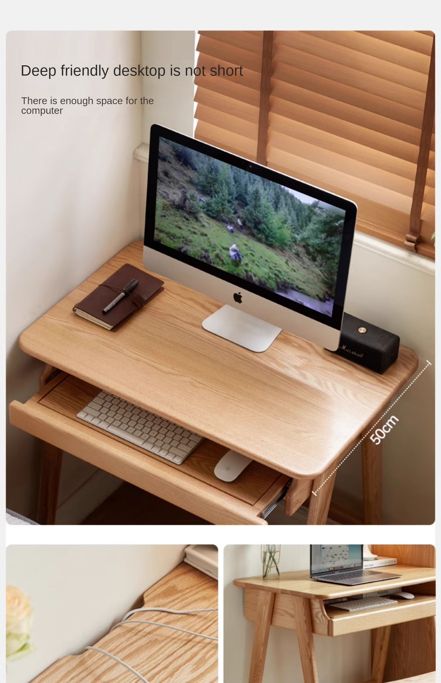 Oak, Solid Rubberwood Narrow Study Desk with Drawers