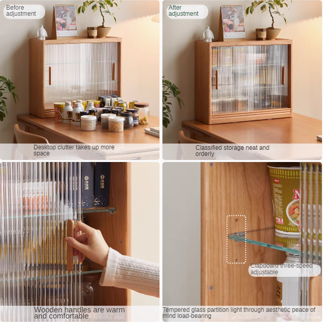 Cherry Solid Wood Glass Sliding Door Sideboard.