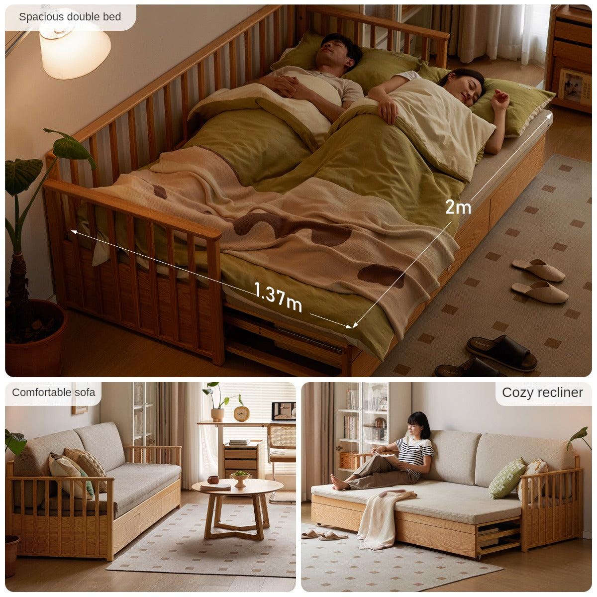 Oak Solid Wood Sitting and Sleeping Dual-purpose Storage Sofa.
