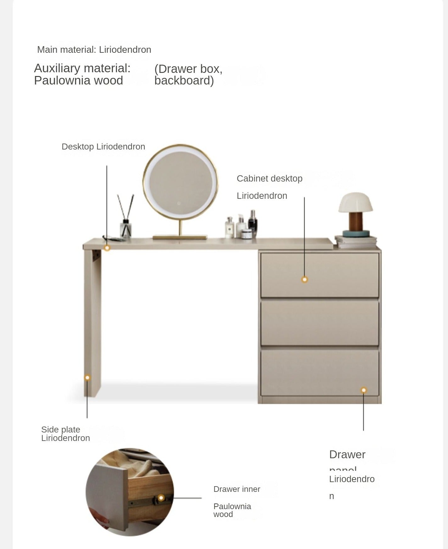 Poplar, Oak Solid Wood Telescopic Vanity Table Three Drawers.