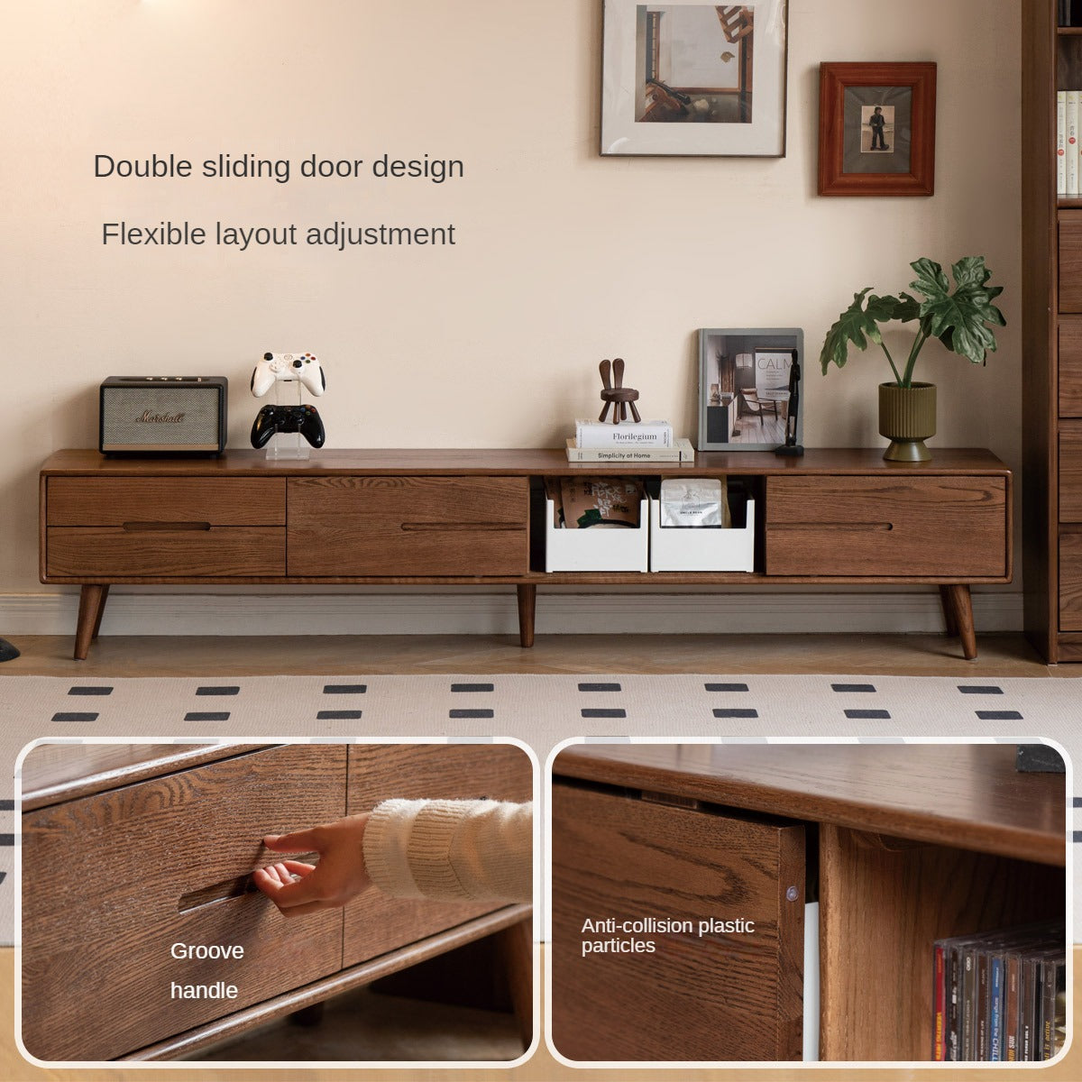 Oak, Rubberwood, Beech Solid Wood TV Stand Sliding Door.