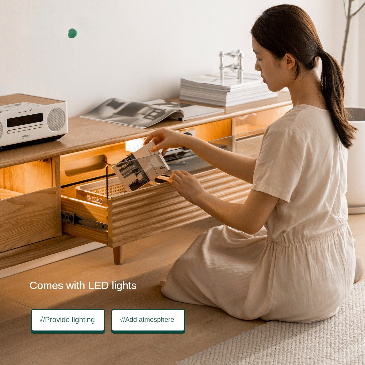 Ash Solid Wood Floor Modern Rock Board TV Cabinet.