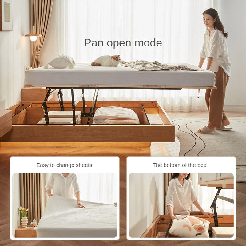 Rubberwood Solid Wood White Cream Platform Bed, Headboard-Free Bed