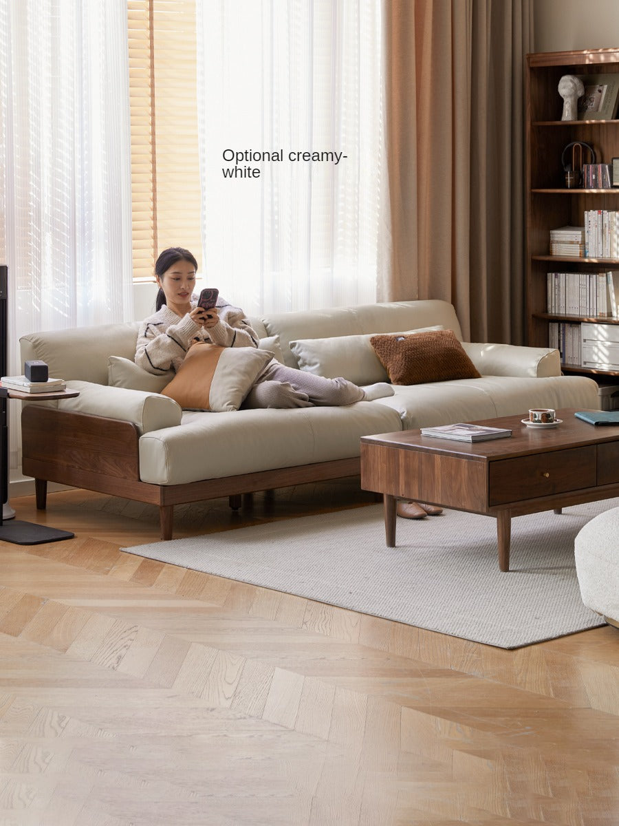 Black Walnut, Oak Solid Wood Leather Down Sofa.