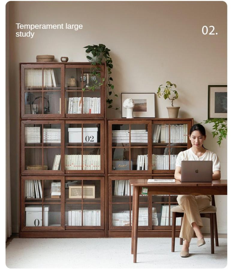 Black Walnut, Oak Solid Wood Sliding Door Bookcase