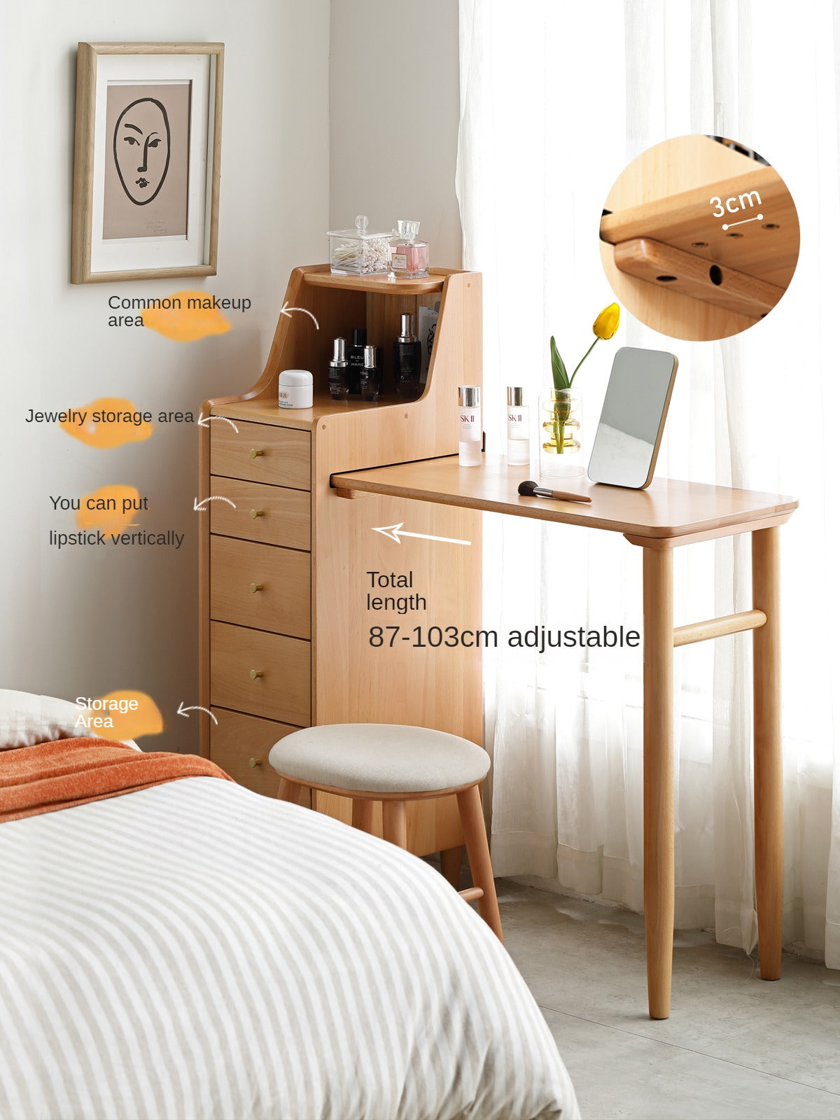 European Beech Solid Wood Telescopic Dressing Table.