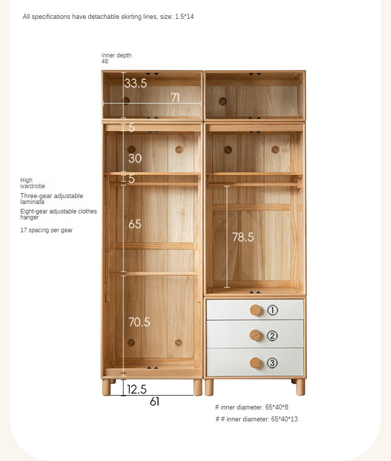 Oak Solid Wood Children's Wardrobe Combination Storage Cabinet