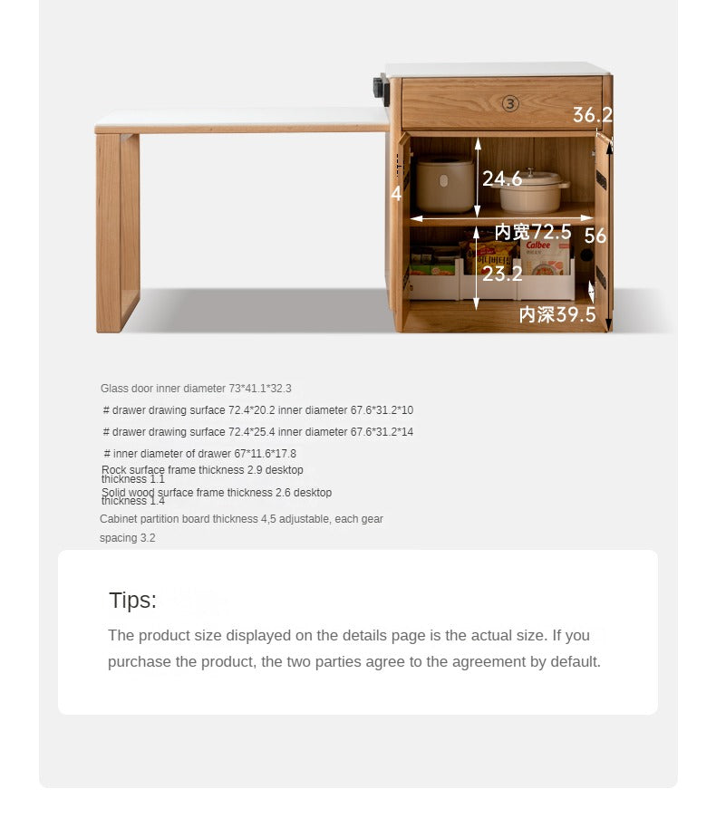 Oak solid wood island + table integrated retractable rock board+