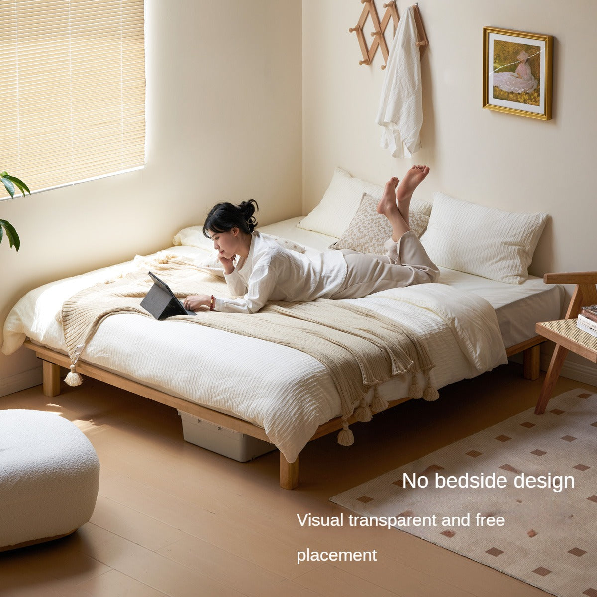 Beech Solid Wood Platform Bed, Headboard-Free Bed