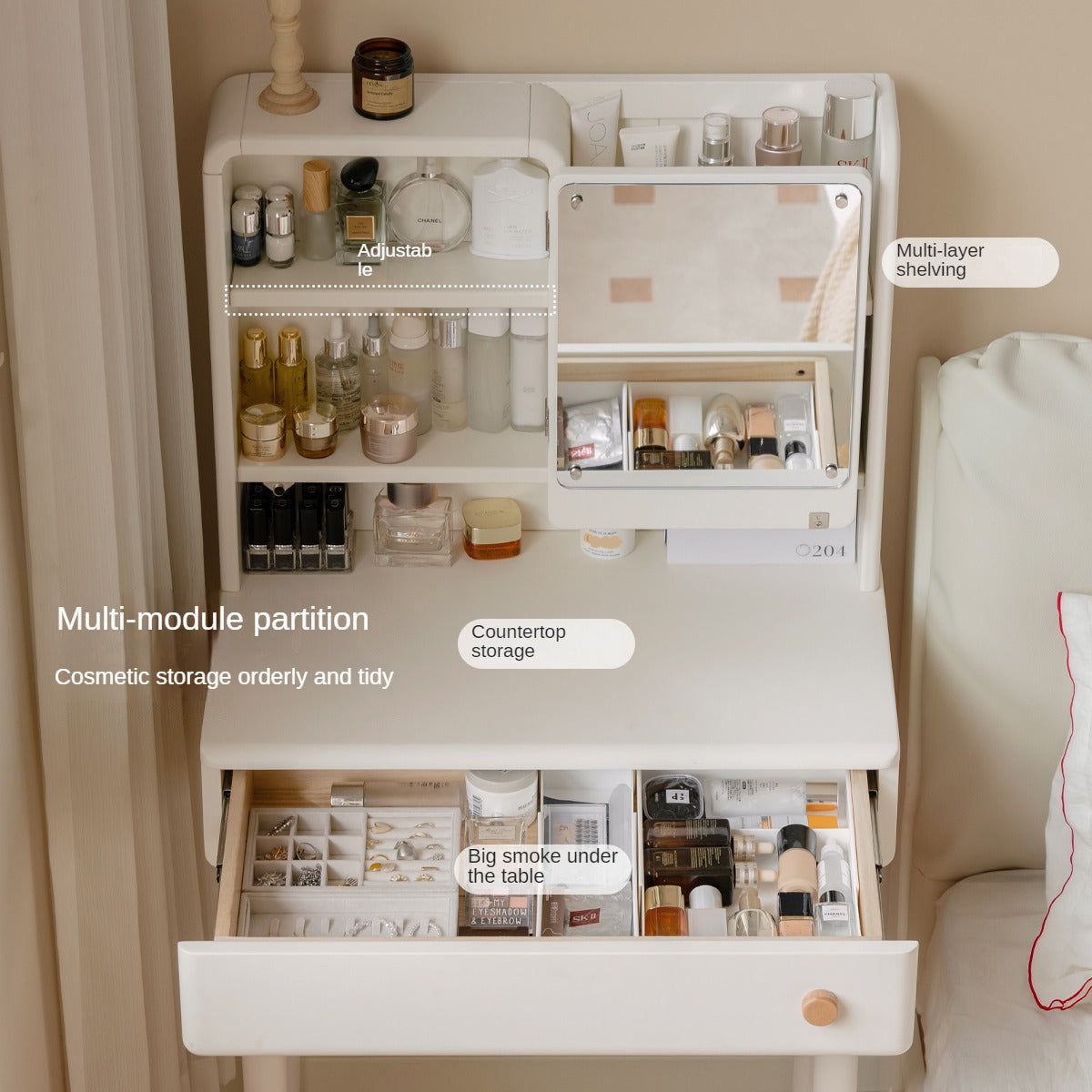 Solid Rubberwood Cream Style Dressing Table With Makeup Mirror.
