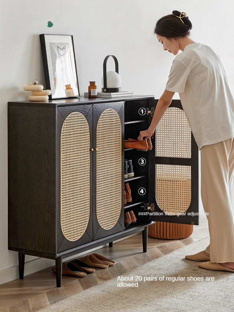 Oak Solid Wood Black Rattan Shoe Cabinet