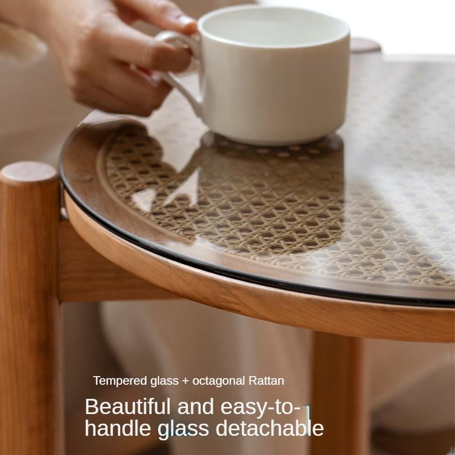 Cherry Wood Rattan Vine Weaving Glass Retro Coffee Table Combination