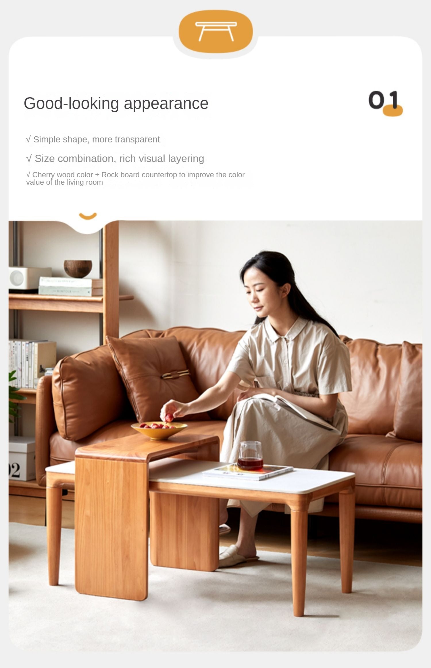 Pine Solid Wood Modern Combination Rock Plate Coffee Table