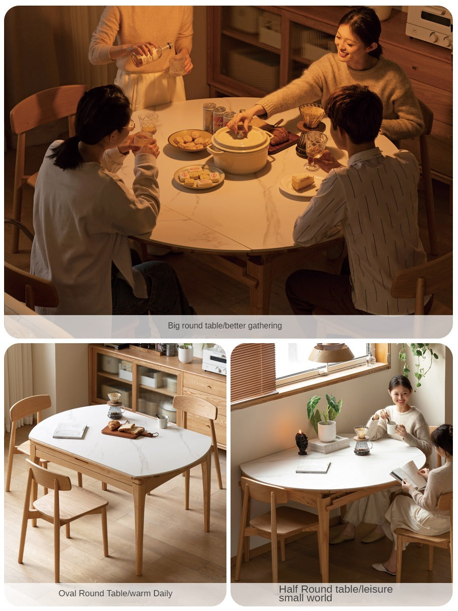 Oak Solid Wood Round Folding Dining Table With Rock Slab Surface