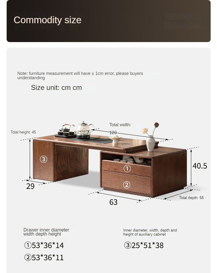 Oak, Black Walnut Solid Wood Retractable Modern Tea Table