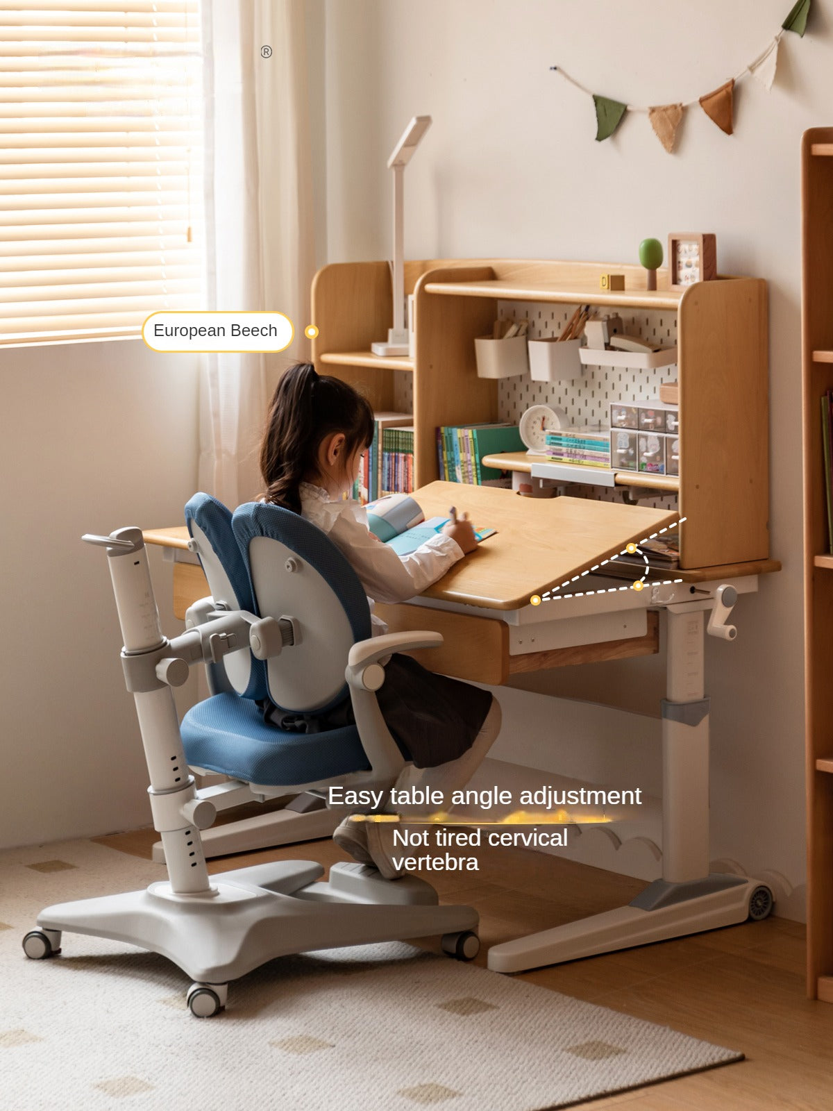 Beech Solid Wood Kids Raised and Lowered Study Table