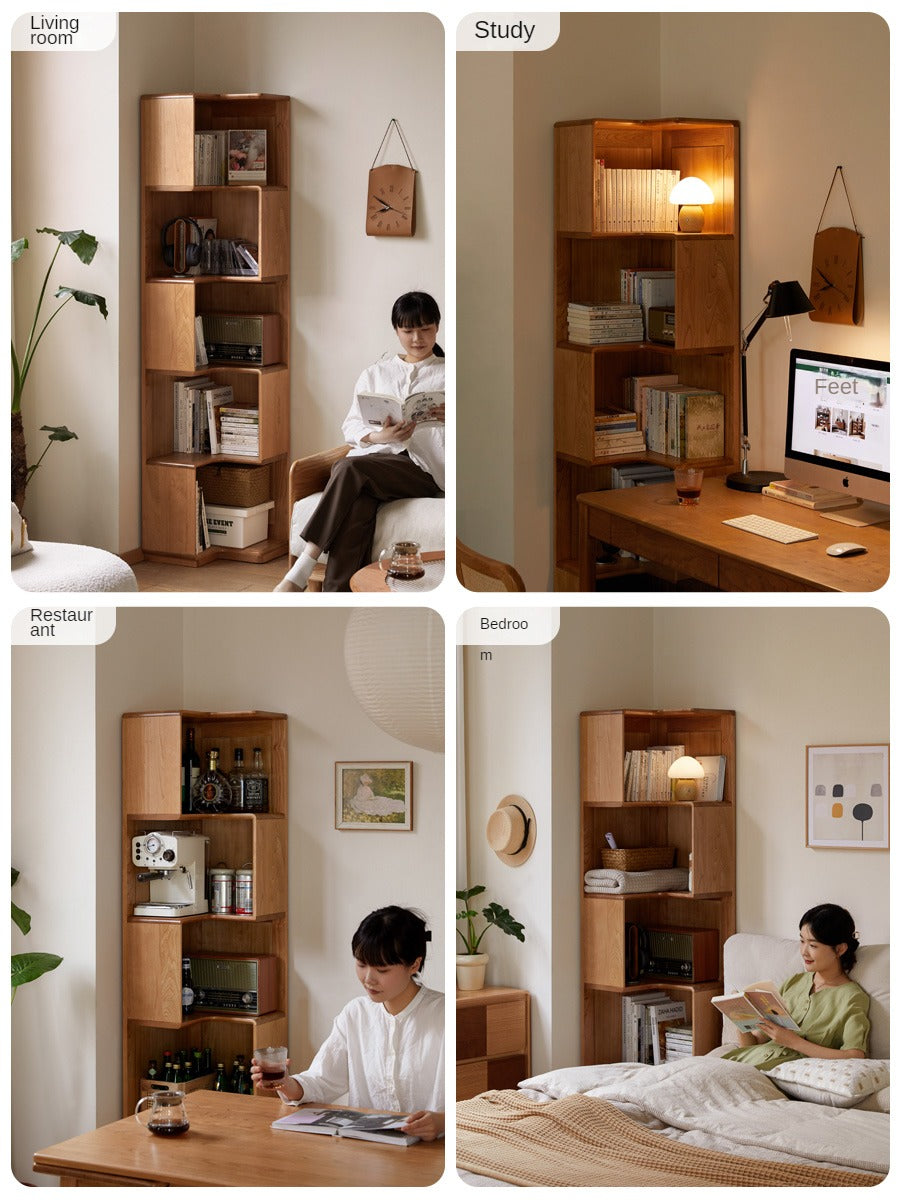 Cherry Solid Wood Corner Bookcase Floor Storage Cabinet